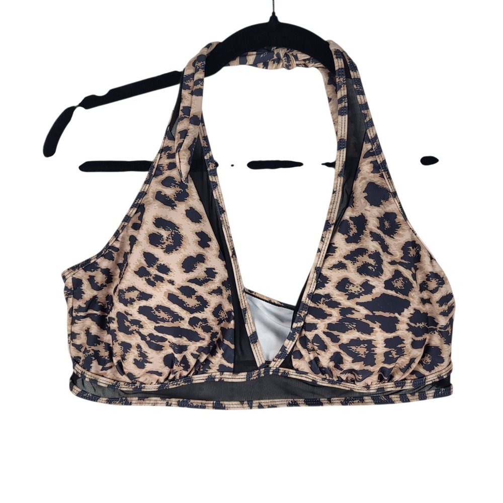 2 Piece Halter Swimsuit Women's XL Brown Black Animal Print Mes Inserts NWOT
